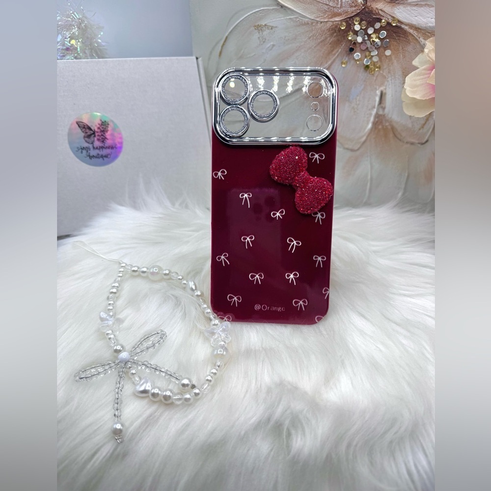 Chic iPhone 17 Pro Max  Bow Theme Wine Case w/ bows design & matching bead charm